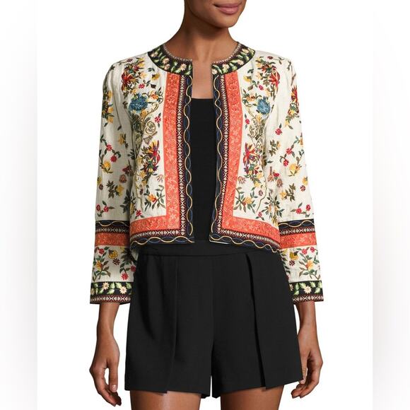 Alice + Olivia Esme Embroidered 100% Linen Cropped Jacket. Like New. - Picture 2 of 15